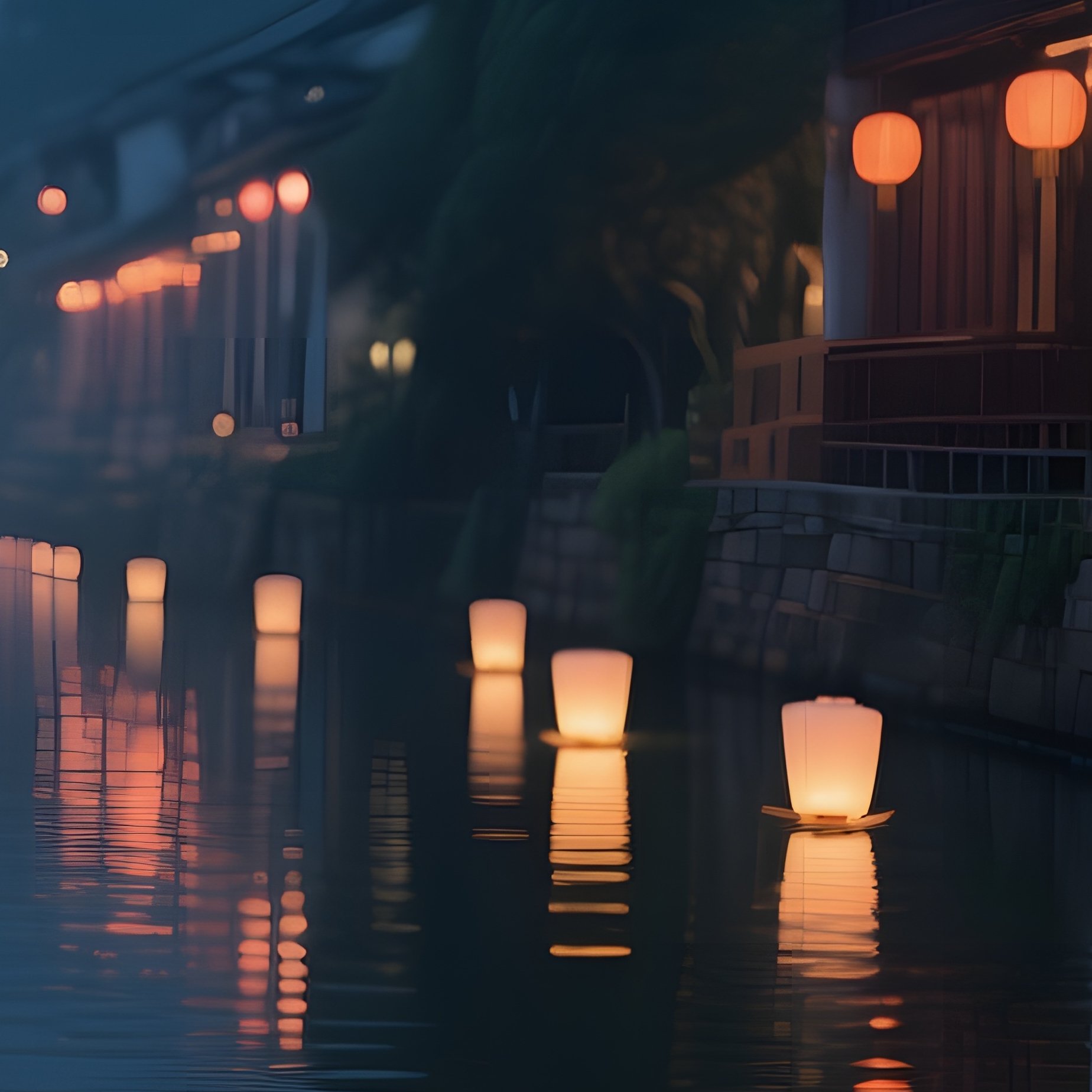 A Quiet Night At A Chinese Riverbank, Paper Lanterns Floating Downstream, Reflections Dancing On - Full Resolution Quality Preview