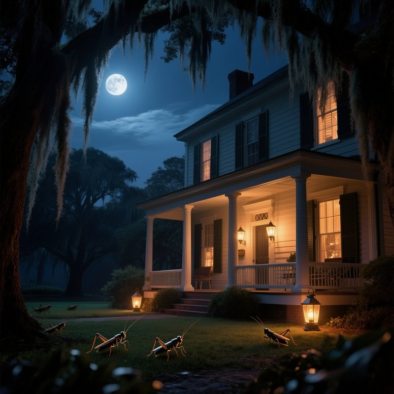 A Quiet Night At A Historic Southern Plantation House, Moonlight Spilling Through Spanish Moss,