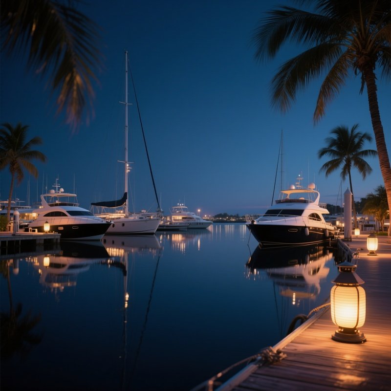 A Quiet Night Docked Marina Illuminated By Soft Lanterns, Reflections Of Yachts Shimmering On Still