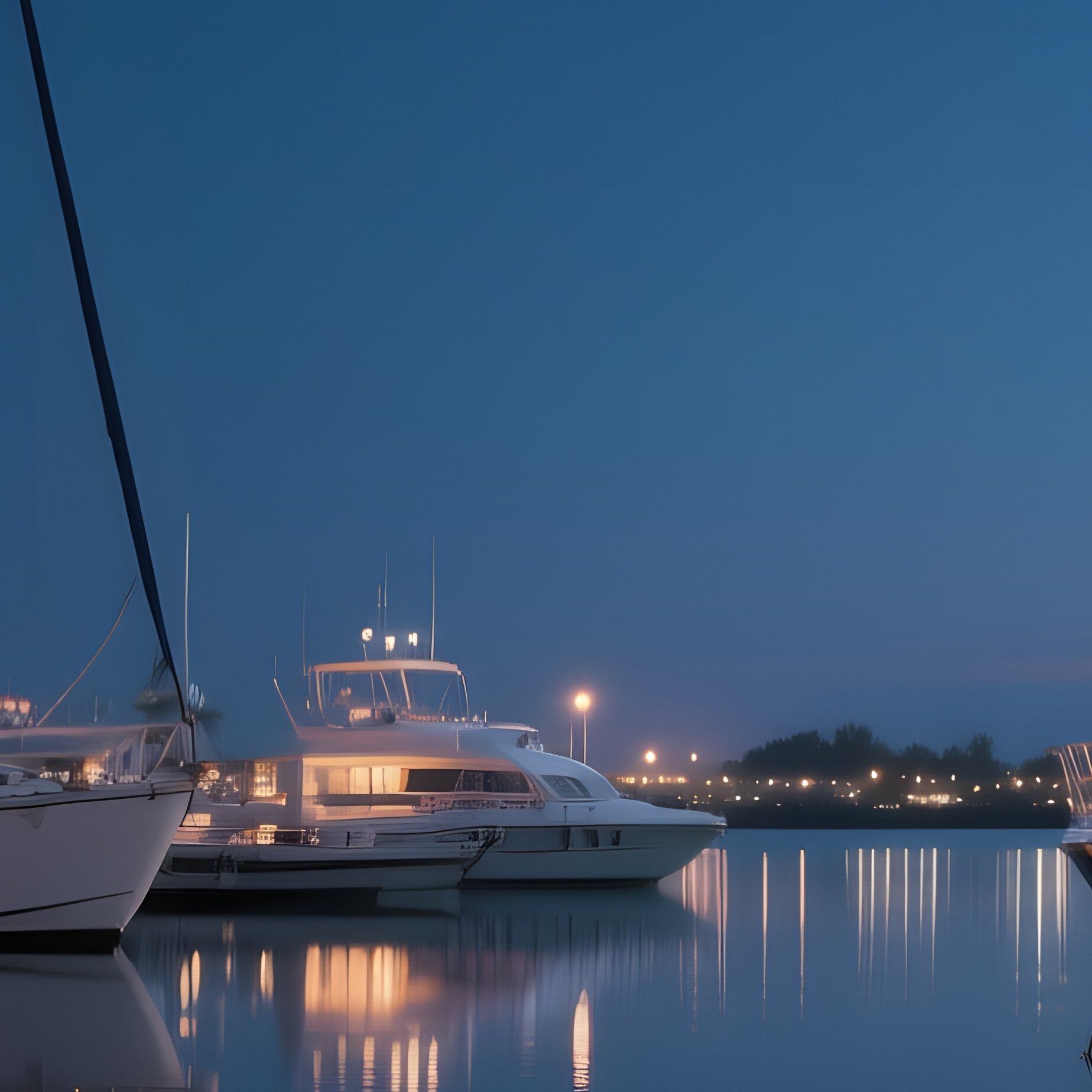 A Quiet Night Docked Marina Illuminated By Soft Lanterns, Reflections Of Yachts Shimmering On Still - Full Resolution Quality Preview
