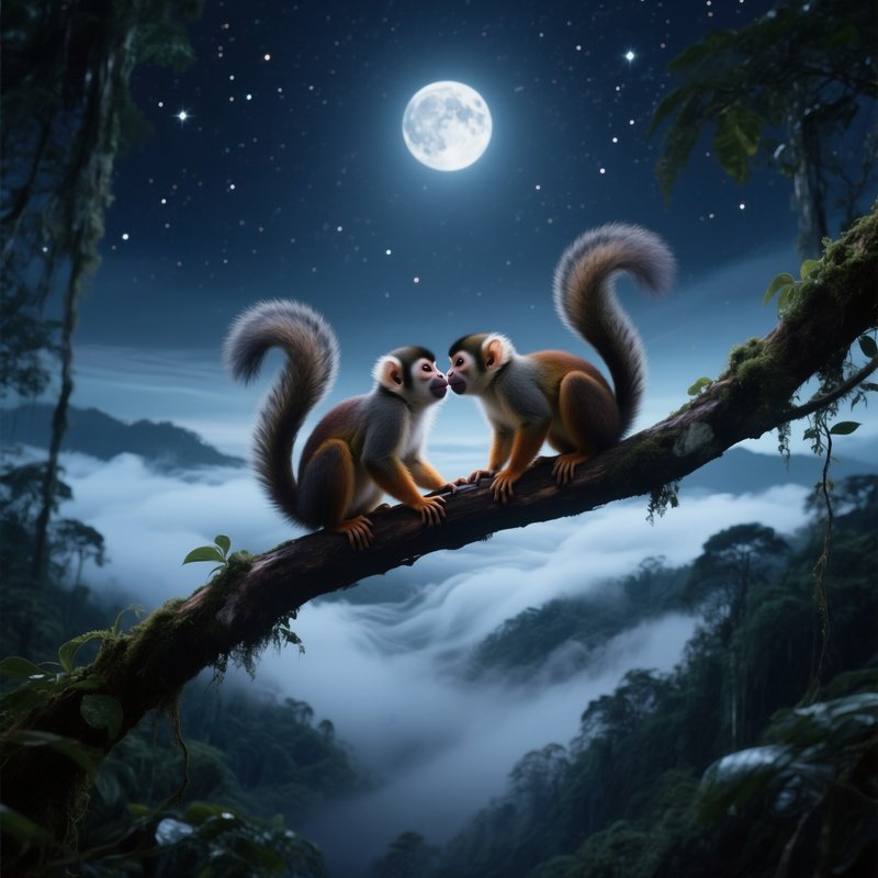 A Quiet Night In A High‑Altitude Cloud Forest, Two Squirrel Monkeys Cling To A Branch Above