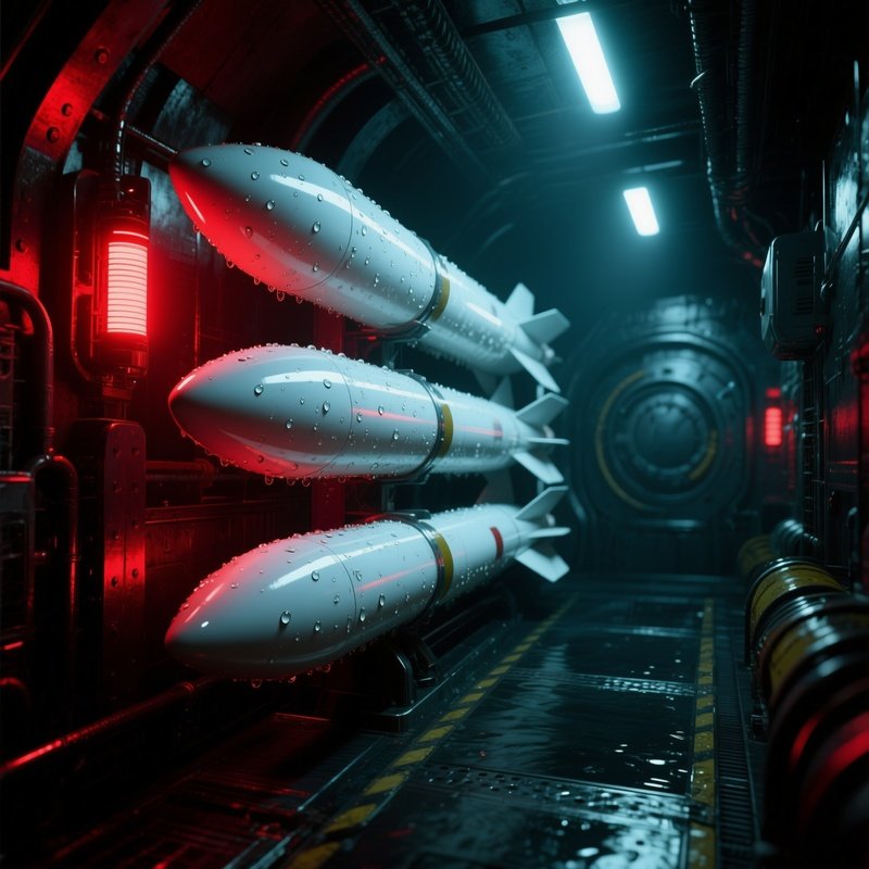 A Quiet Night Inside A Submarine Torpedo Room, Red Emergency Lighting Reflecting Off Sleek White