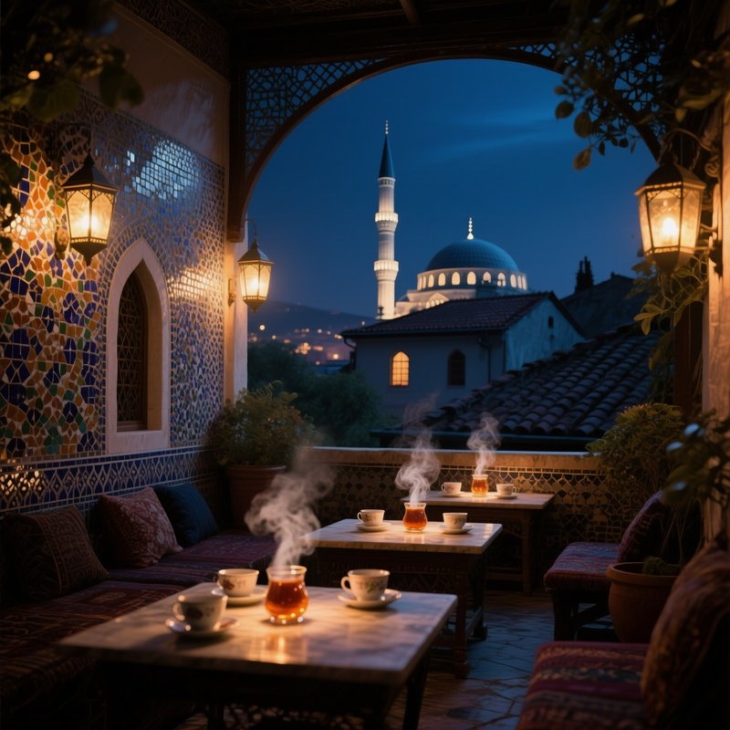 A Quiet Night Interior Of A Traditional Turkish Tea Garden, Low Tables With Steaming Cups, Soft