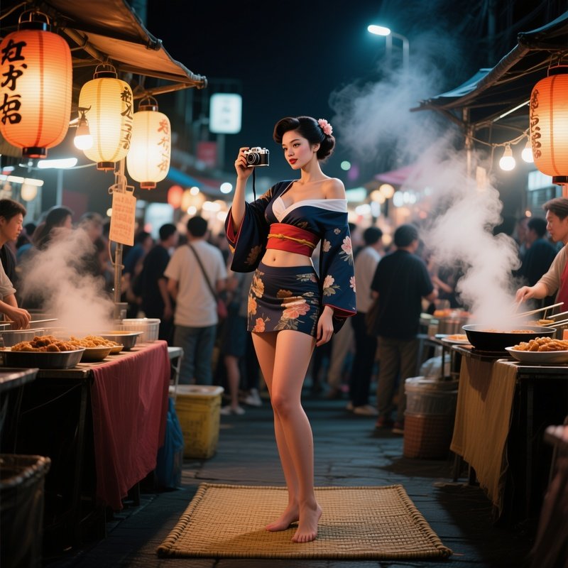 A Quiet Night Market Stall Lit By Lanterns, A Lively Pin‑Up In A Cropped Kimono Exposing Shoulders