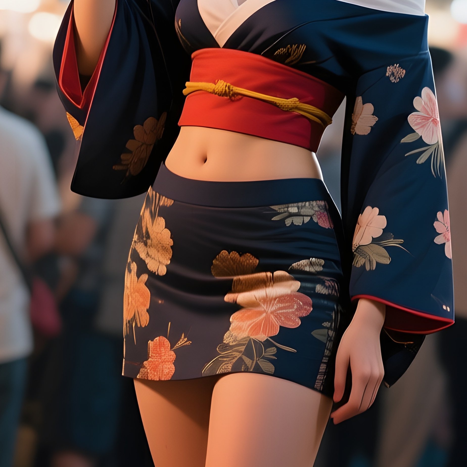 A Quiet Night Market Stall Lit By Lanterns, A Lively Pin‑Up In A Cropped Kimono Exposing Shoulders - Full Resolution Quality Preview