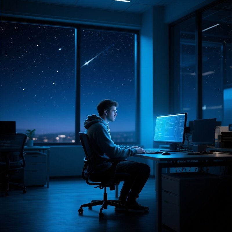 A Quiet Night Office With Floor‑To‑Ceiling Windows Showing A Starry Sky, A Six‑Pack Programmer In A