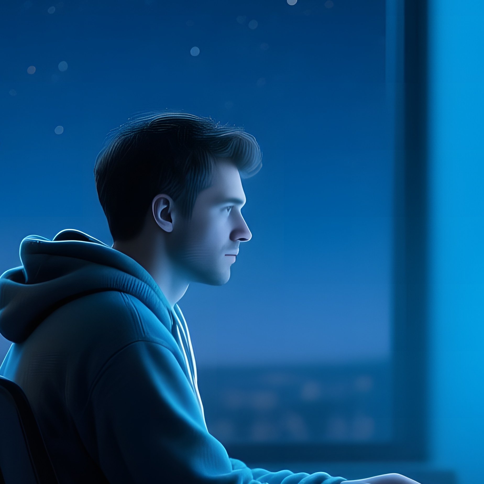 A Quiet Night Office With Floor‑To‑Ceiling Windows Showing A Starry Sky, A Six‑Pack Programmer In A - Full Resolution Quality Preview