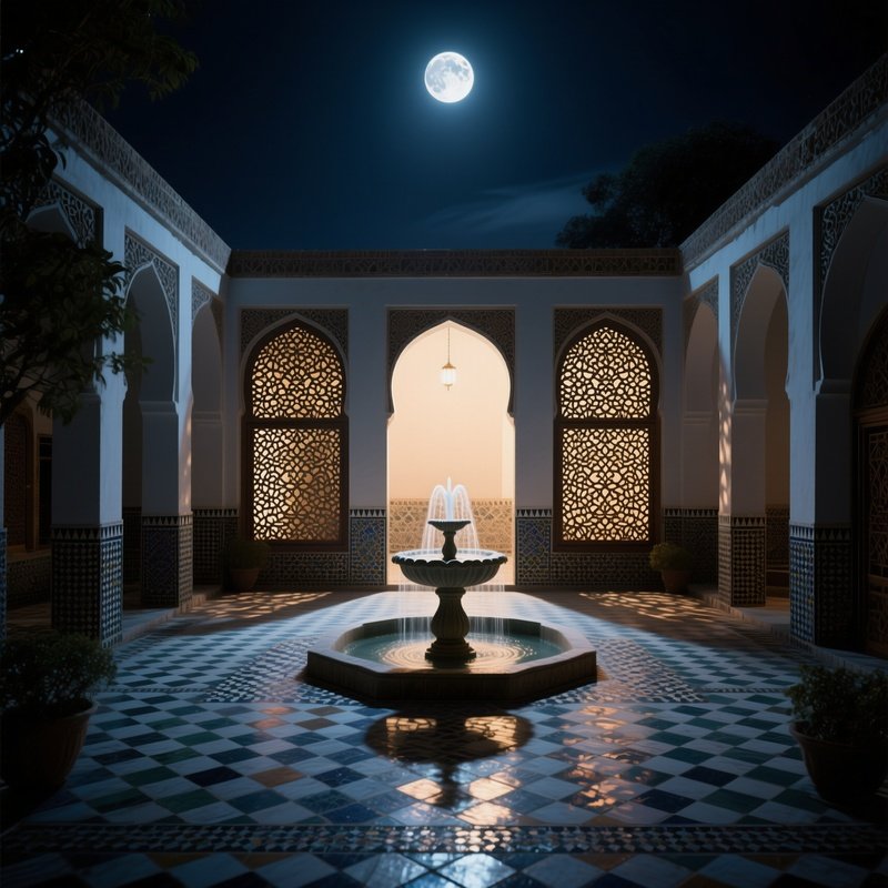 A Quiet Night Scene Inside A Persian Courtyard House, Moonlight Spilling Through Carved Stone