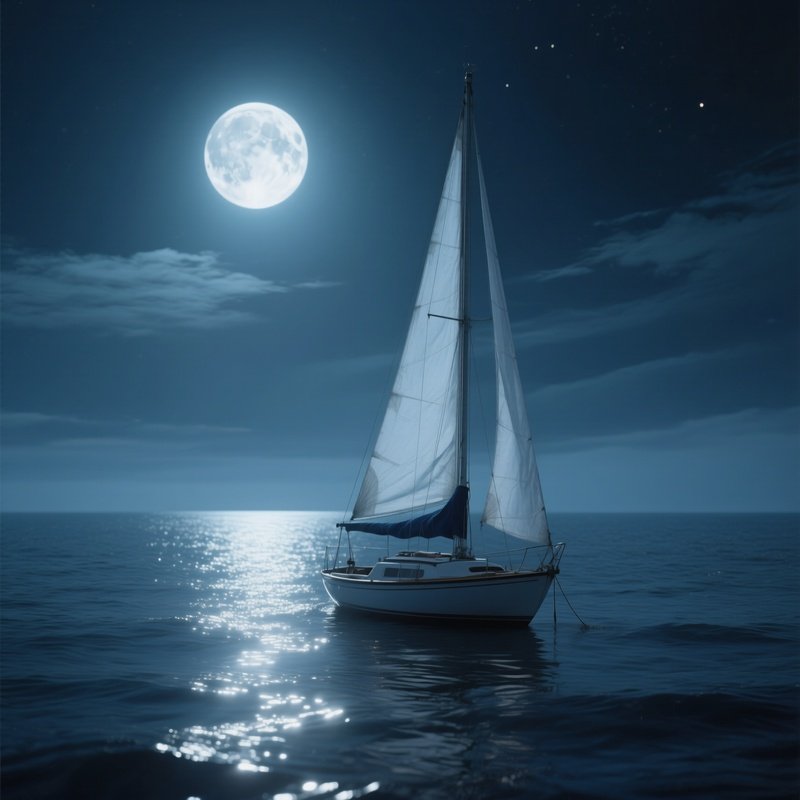 A Quiet Night Scene Of A Small Sailboat Anchored Under A Full Moon, Silver Light Shimmering On Calm