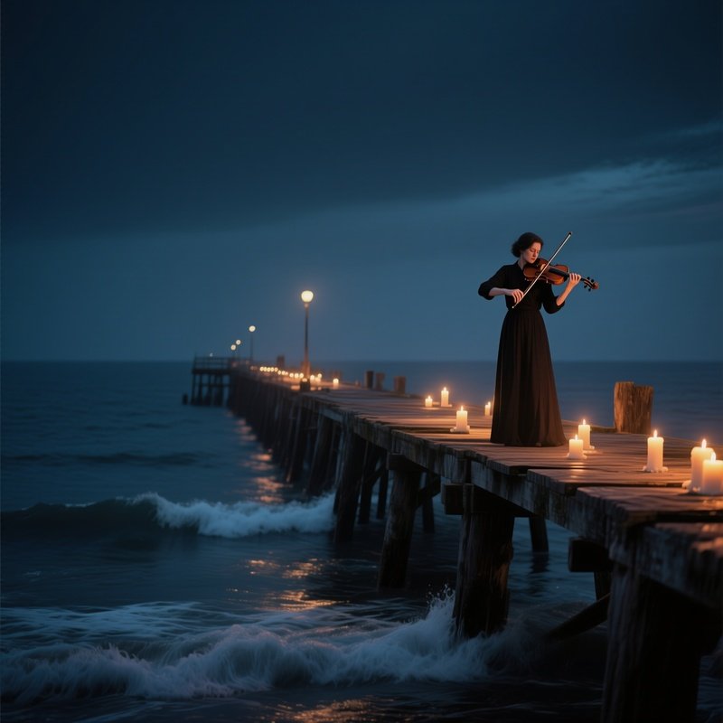 A Quiet Night Scene Of An Old Wooden Pier Illuminated By Soft Candlelight, A Lone Violinist Playing