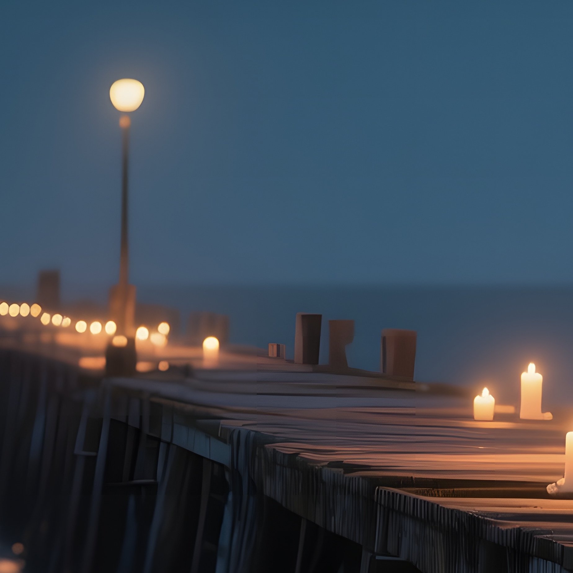 A Quiet Night Scene Of An Old Wooden Pier Illuminated By Soft Candlelight, A Lone Violinist Playing - Full Resolution Quality Preview