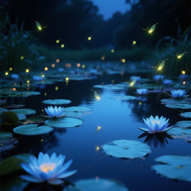 A Quiet Night Scene With Fireflies Dancing Above A Pond Filled With Pale Blue Water Lilies, Their