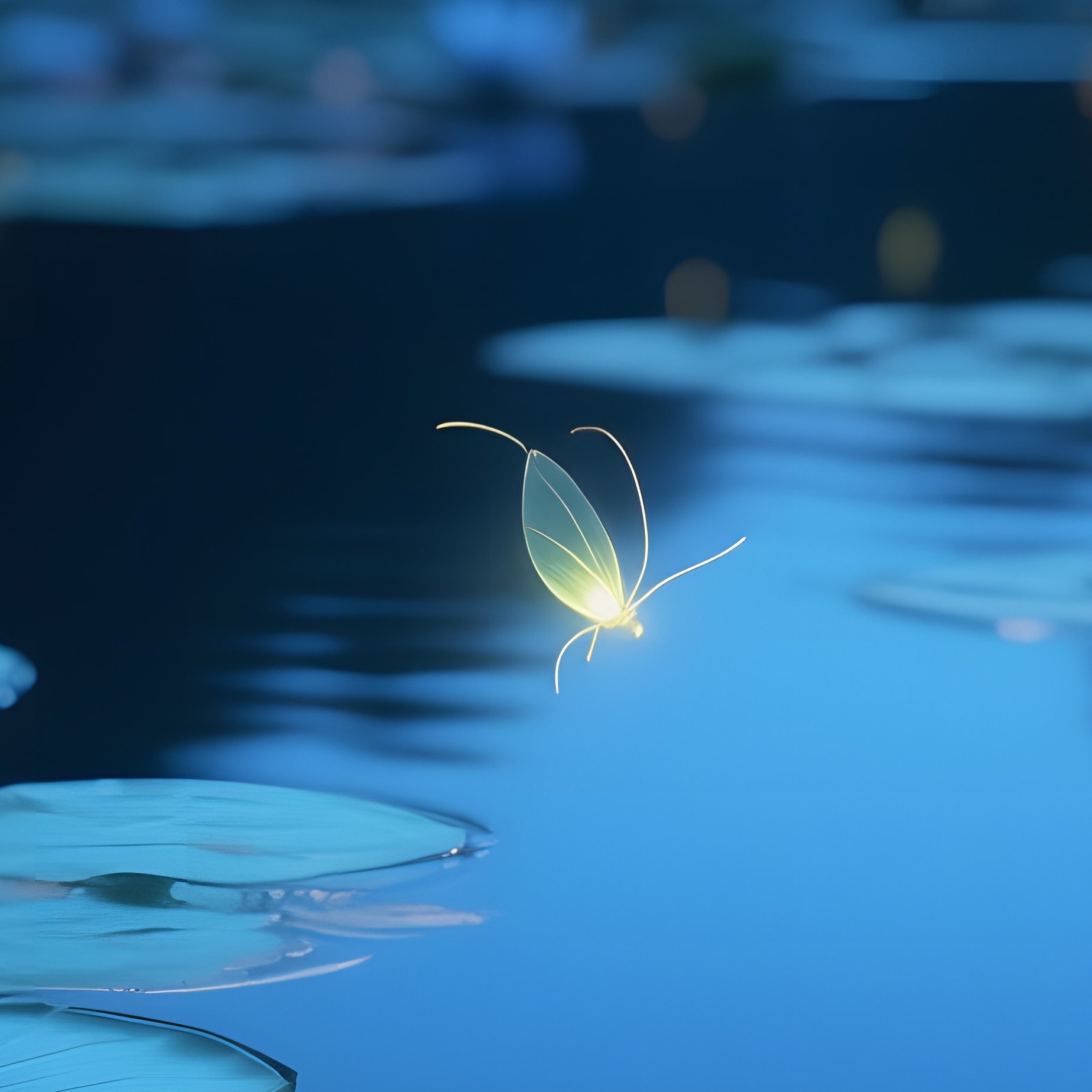 A Quiet Night Scene With Fireflies Dancing Above A Pond Filled With Pale Blue Water Lilies, Their - Full Resolution Quality Preview