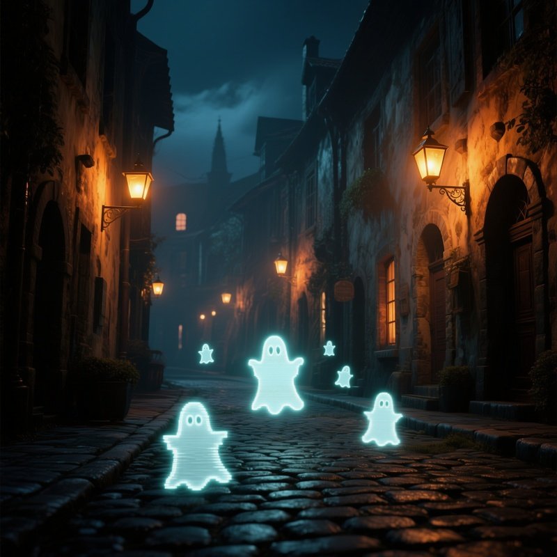 A Quiet Night Street In An Old Town, Lanterns Casting Amber Light On Cobblestones Where Ghostly