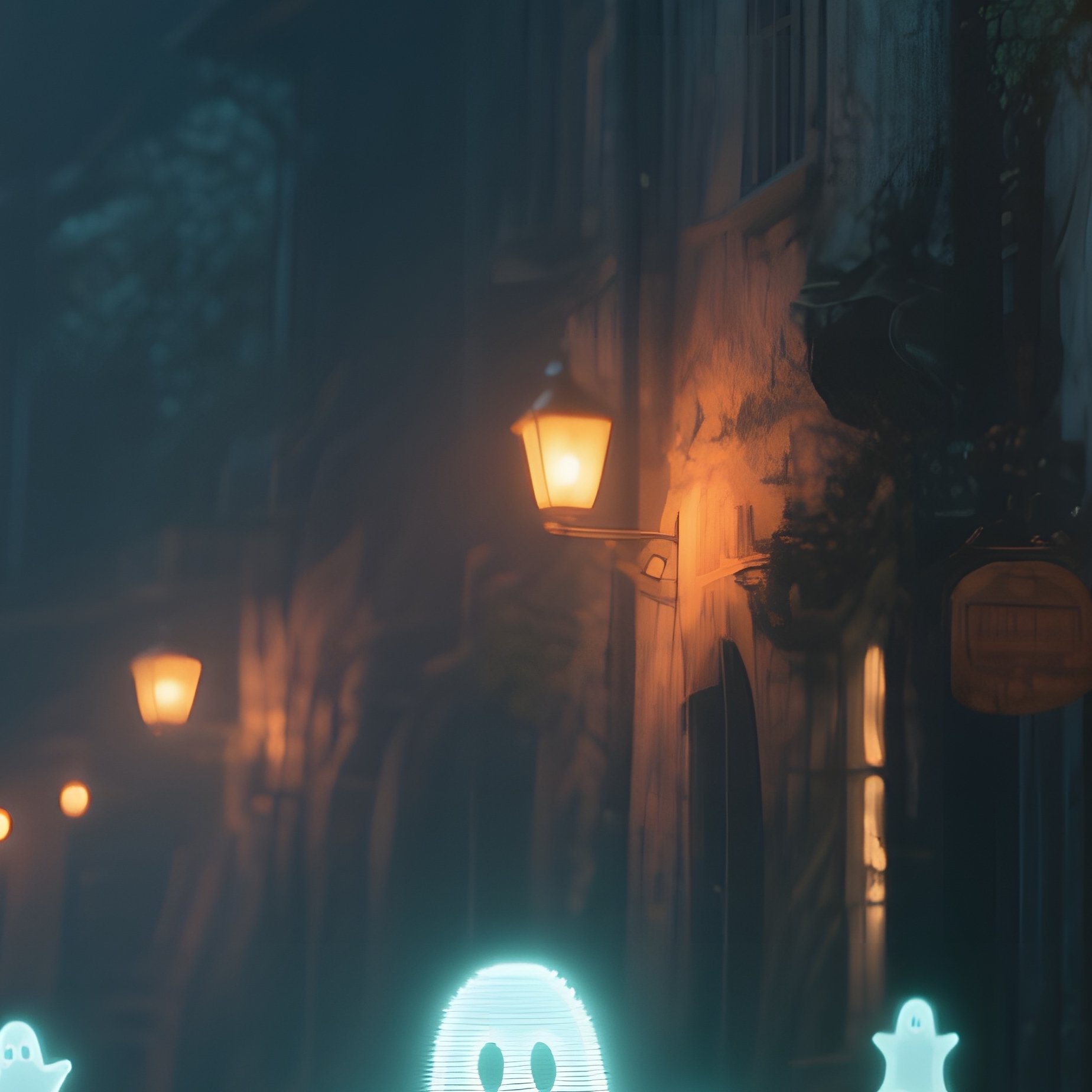 A Quiet Night Street In An Old Town, Lanterns Casting Amber Light On Cobblestones Where Ghostly - Full Resolution Quality Preview