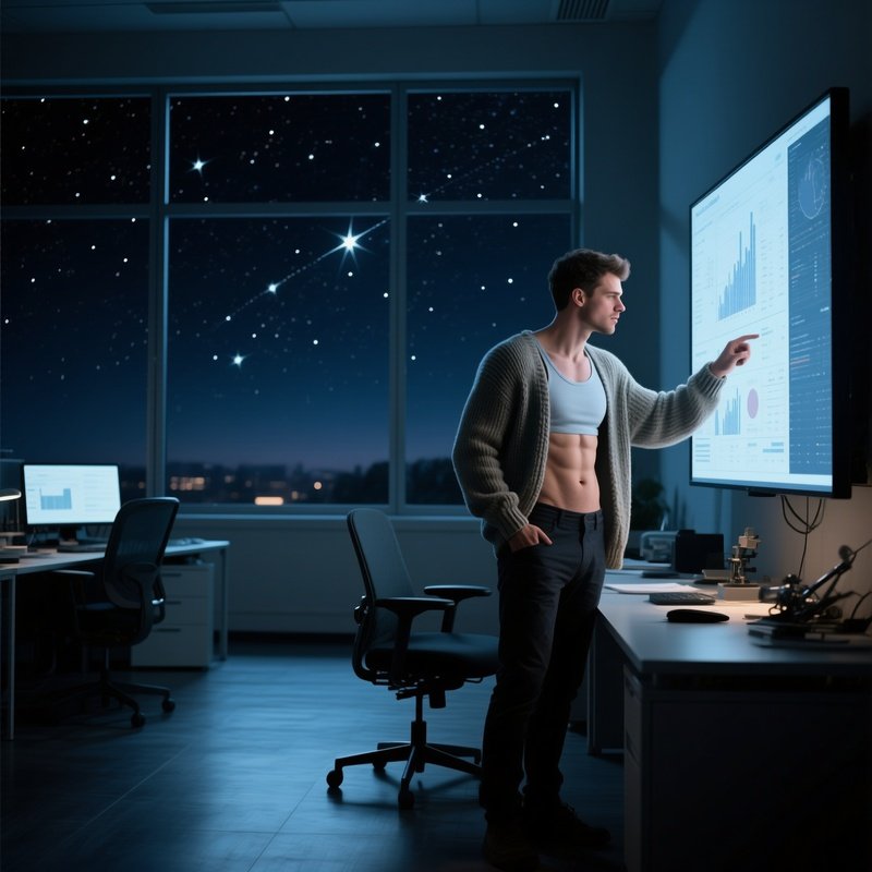 A Quiet Night‑Time Office With Floor‑To‑Ceiling Windows Showing Stars, A Fit Male Astronomer In A