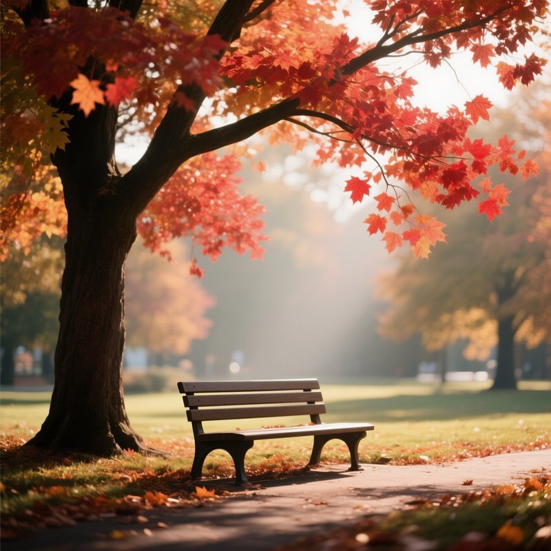 A Quiet Park Bench Under A Maple Tree In Early Autumn, Leaves Turning Crimson, Soft Sunlight