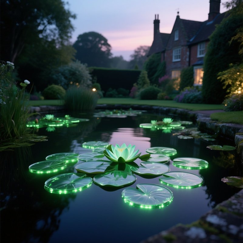 A Quiet Pond In An English Garden At Twilight, Floating Glass Lily Pads Illuminated From Beneath By
