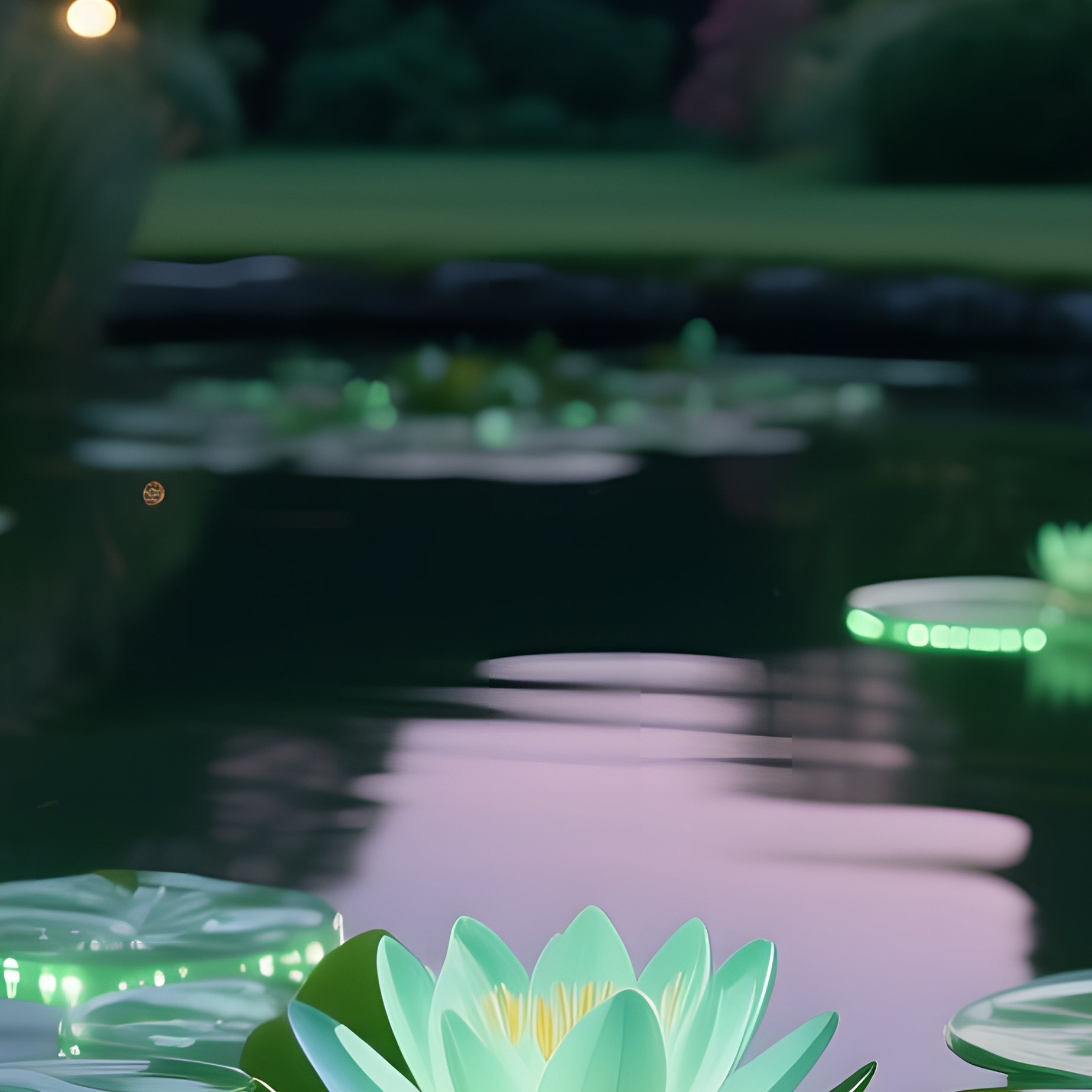 A Quiet Pond In An English Garden At Twilight, Floating Glass Lily Pads Illuminated From Beneath By - Full Resolution Quality Preview