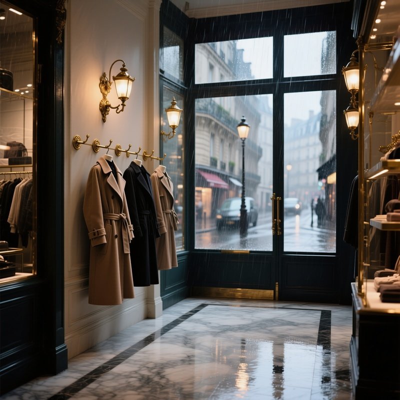 A Quiet Rainy Afternoon In A Parisian Boutique, Rain Streaked Windows Diffusing Muted Streetlight,