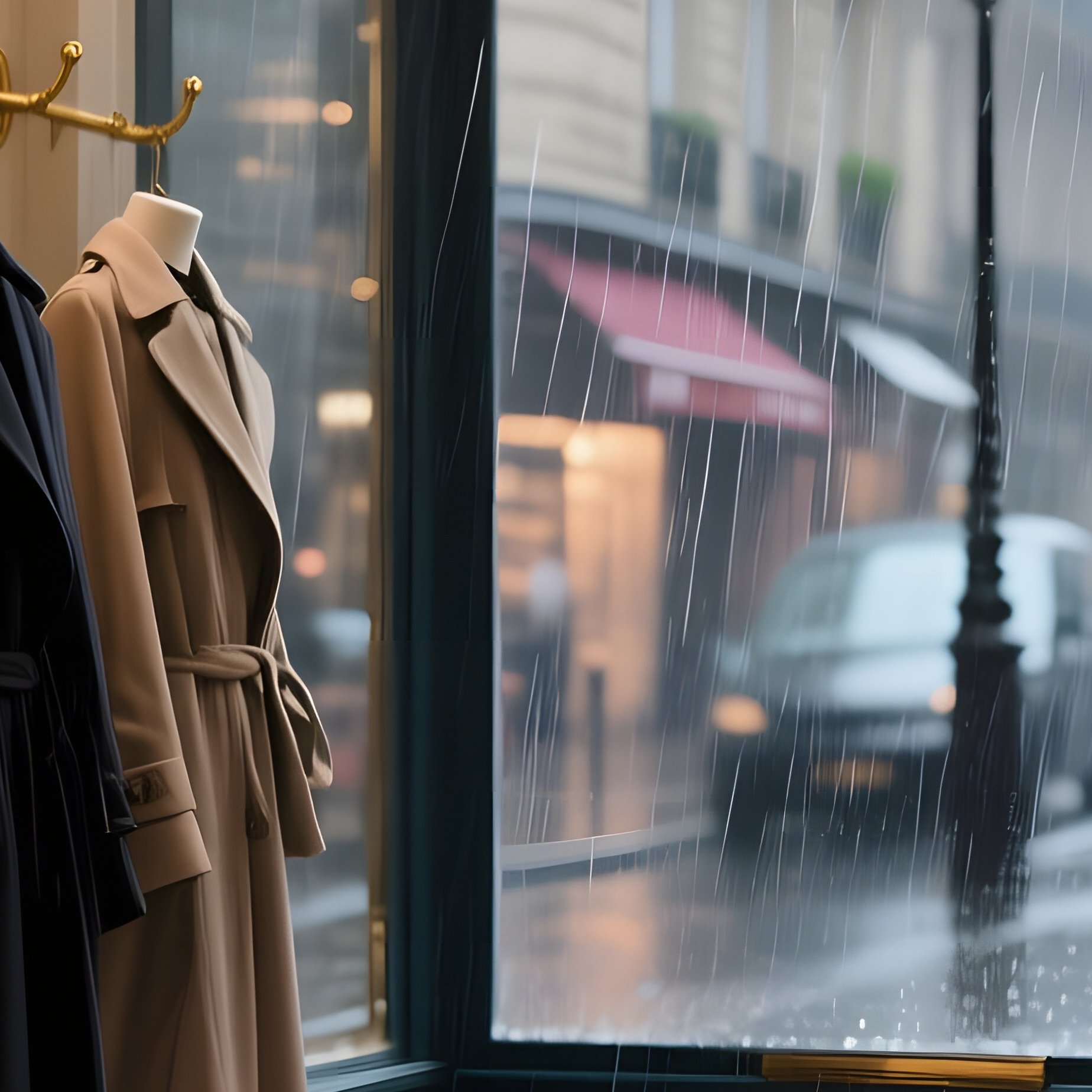 A Quiet Rainy Afternoon In A Parisian Boutique, Rain Streaked Windows Diffusing Muted Streetlight, - Full Resolution Quality Preview