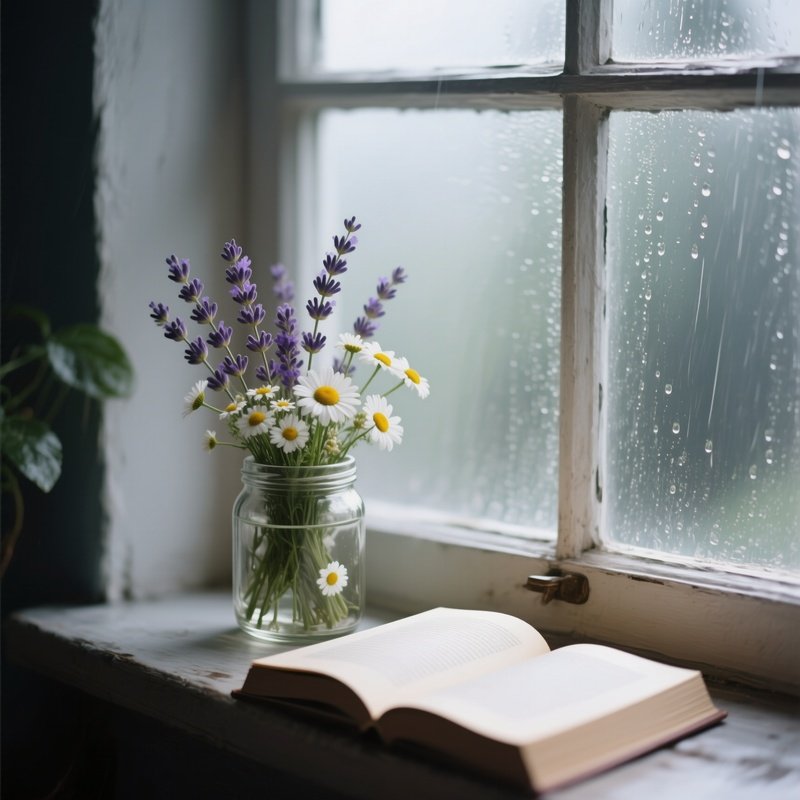 A Quiet Reading Nook Beside A Rain‑Spattered Window, Where A Small Glass Jar Holds A Calming