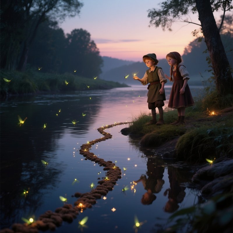 A Quiet Riverbank At Dusk Where Hansel And Gretel Watch Fireflies Dance Above Water, Their