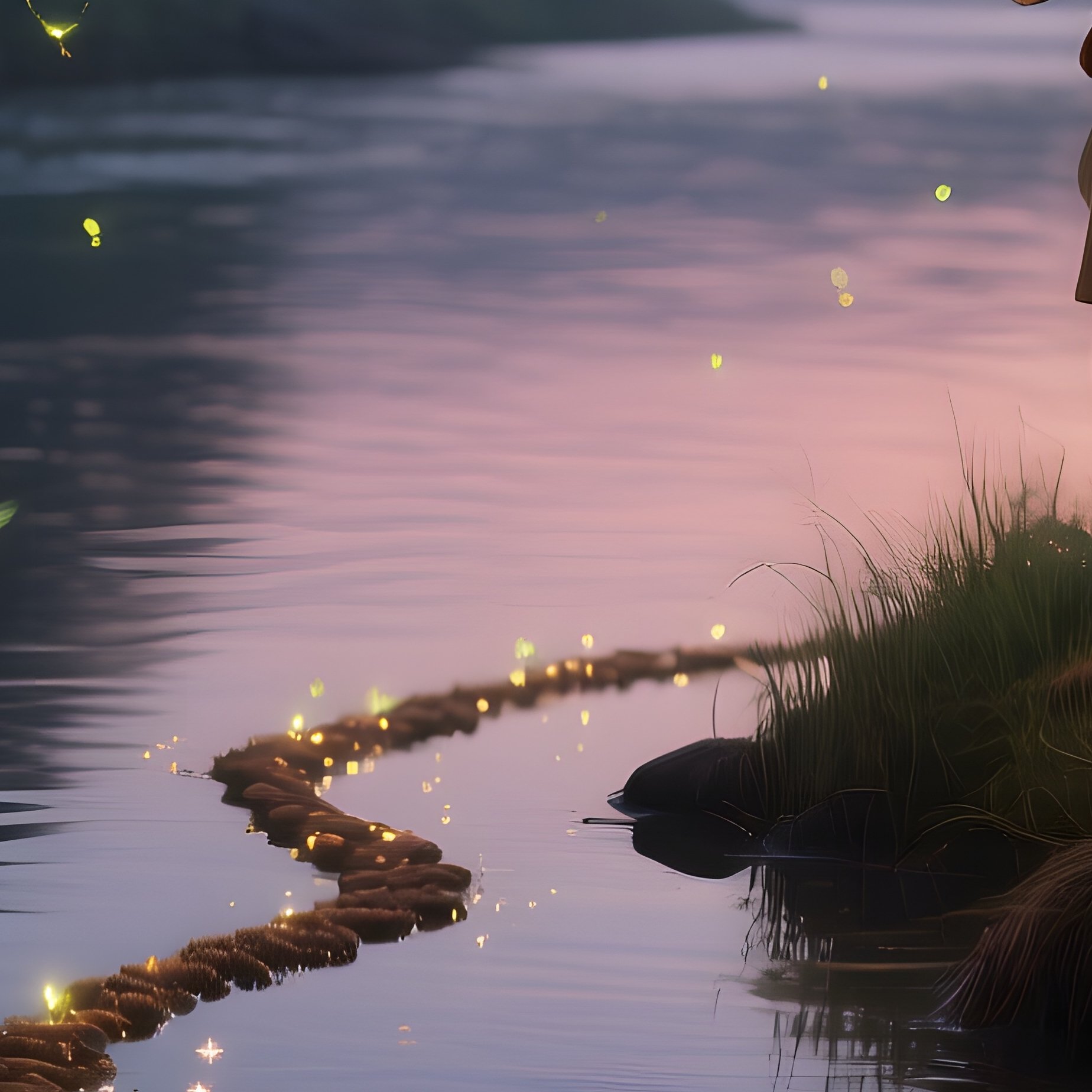 A Quiet Riverbank At Dusk Where Hansel And Gretel Watch Fireflies Dance Above Water, Their - Full Resolution Quality Preview