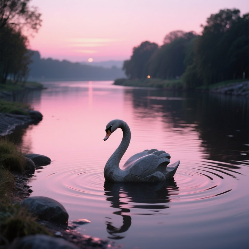 A Quiet Riverbank At Dusk With A Smooth Stone Sculpture Of A Swan Emerging From The Water, Ripples