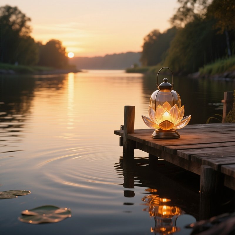 A Quiet Riverbank At Golden Hour, A Wooden Pier Supporting A Glass Lantern Shaped Like Water