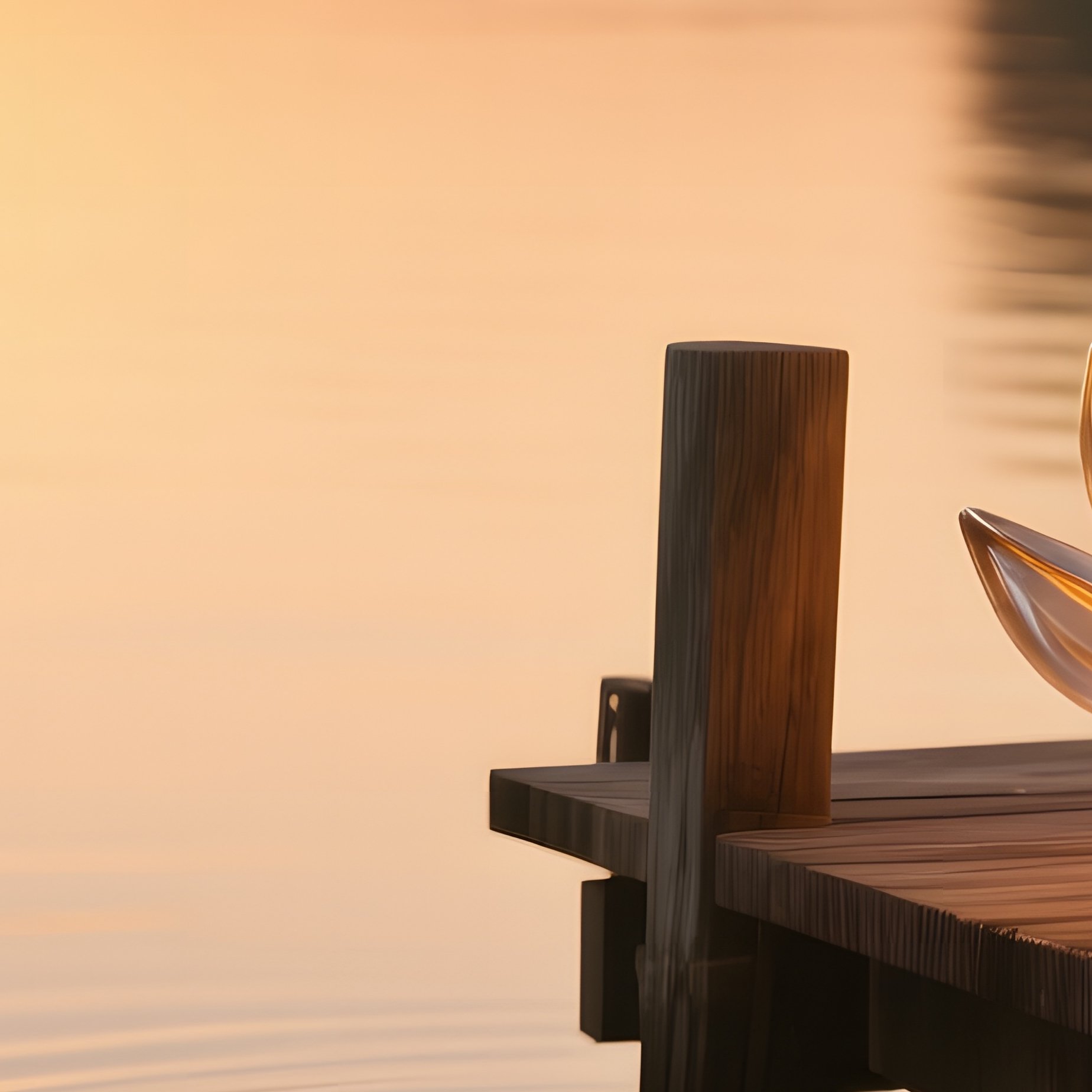 A Quiet Riverbank At Golden Hour, A Wooden Pier Supporting A Glass Lantern Shaped Like Water - Full Resolution Quality Preview
