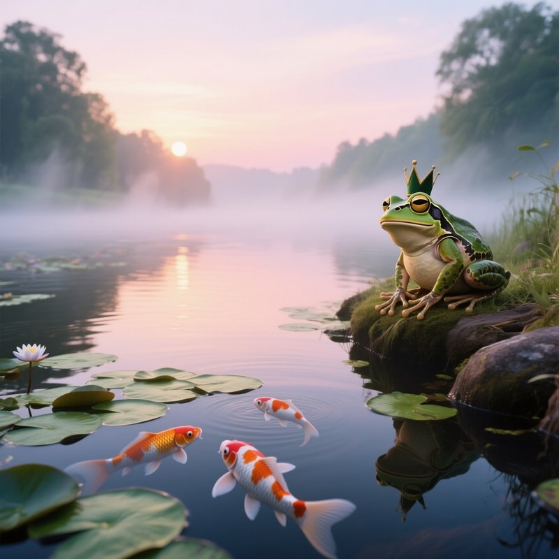 A Quiet Riverbank At Sunrise Where The Frog Prince Watches Koi Fish Swim Beneath Lily Pads, Mist