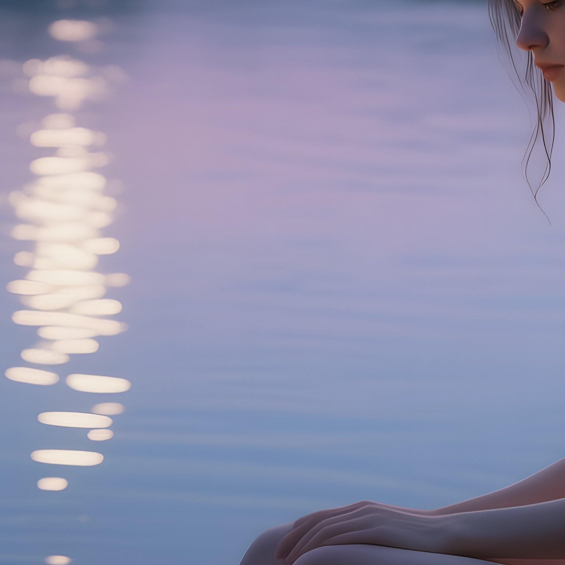 A Quiet Riverbank At Twilight, A Naked Woman Seated On Smooth Stones, Fireflies Swirling Above The - Full Resolution Quality Preview