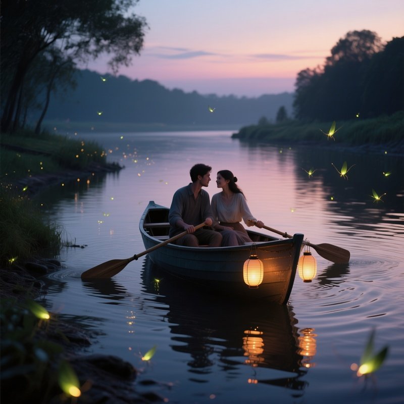 A Quiet Riverbank At Twilight, Fireflies Dancing As A Couple Rows A Small Boat, Lanterns Hanging