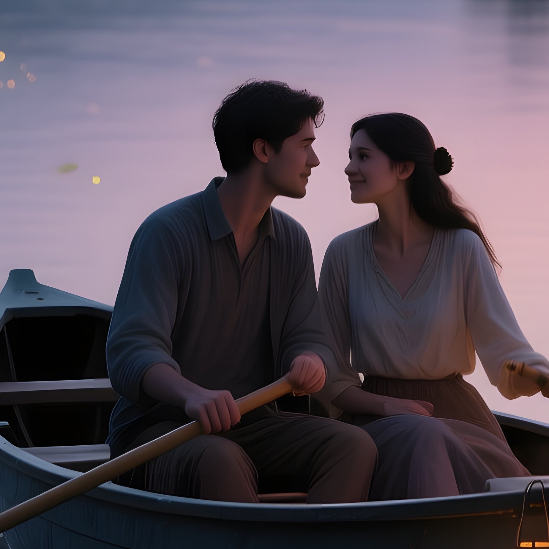 A Quiet Riverbank At Twilight, Fireflies Dancing As A Couple Rows A Small Boat, Lanterns Hanging - Full Resolution Quality Preview