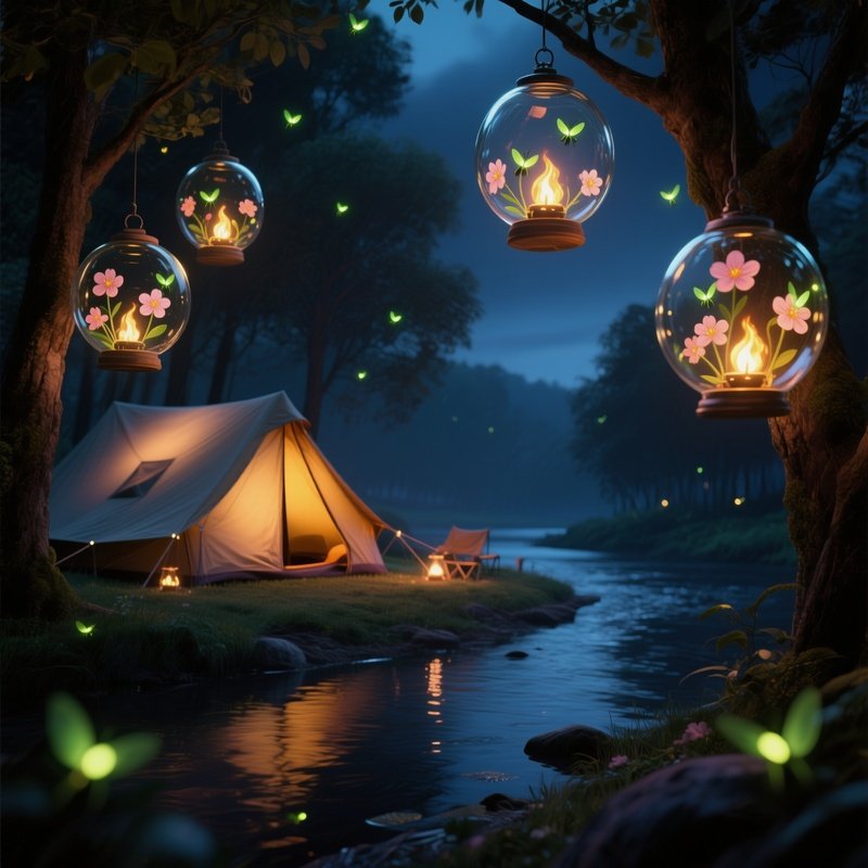 A Quiet Riverbank Campsite At Night, Lanterns Hanging From Trees Within Glass Globes Depicting