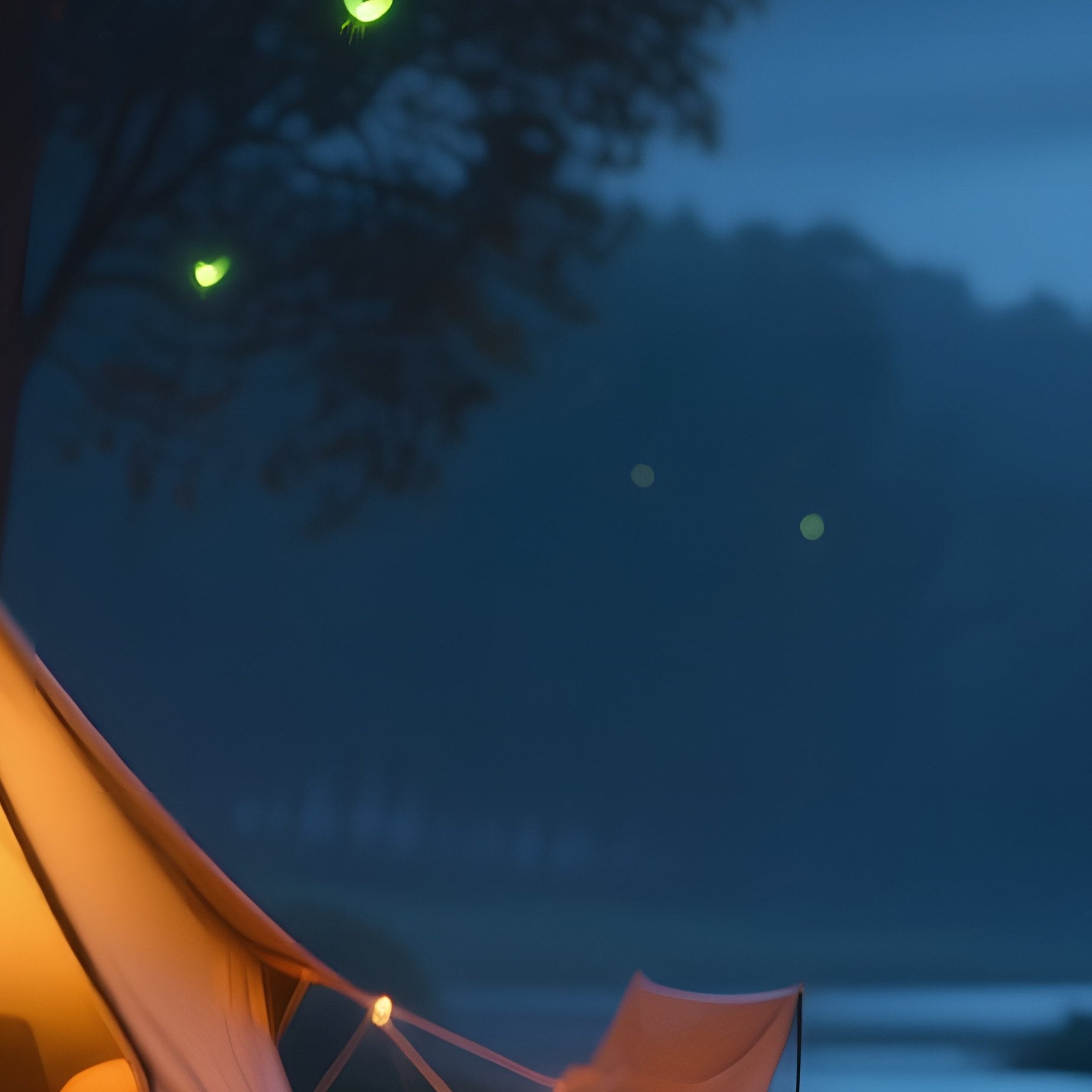 A Quiet Riverbank Campsite At Night, Lanterns Hanging From Trees Within Glass Globes Depicting - Full Resolution Quality Preview