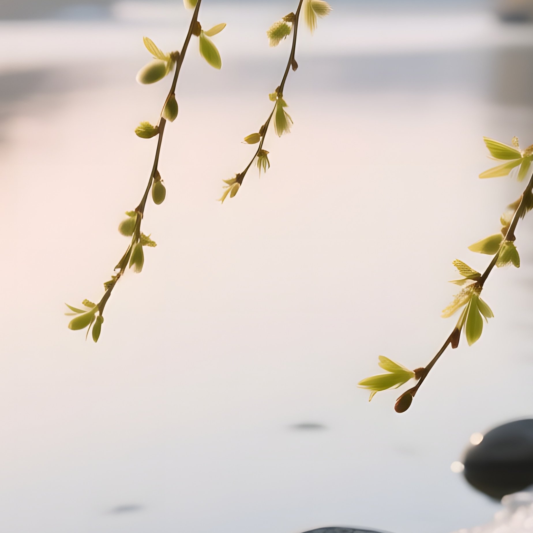 A Quiet Riverbank In Early Spring, Thawing Ice Revealing Smooth Stones, Budding Willow Branches - Full Resolution Quality Preview