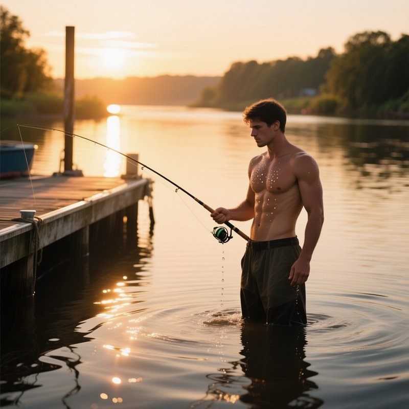 A Quiet Riverside Dock At Golden Hour, A Male Fisherman Standing Waist‑Deep In Water, Sunlight