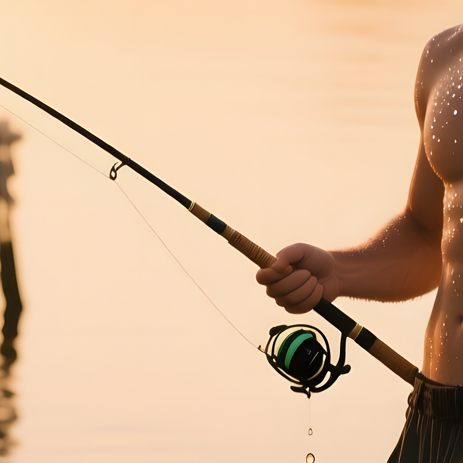 A Quiet Riverside Dock At Golden Hour, A Male Fisherman Standing Waist‑Deep In Water, Sunlight - Full Resolution Quality Preview