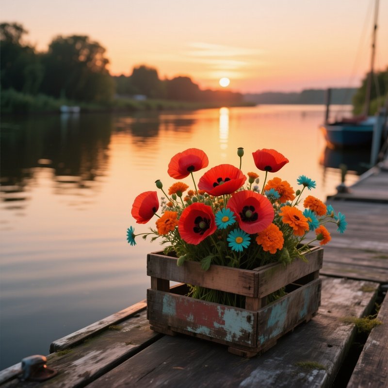 A Quiet Riverside Dock At Sunset, Where A Weathered Wooden Crate Contains A Bright Bouquet Of Red