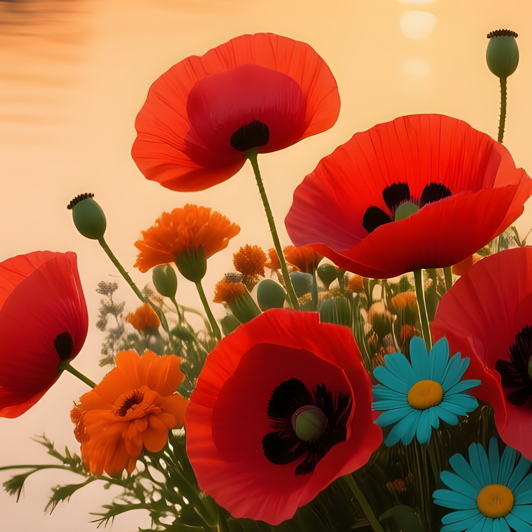 A Quiet Riverside Dock At Sunset, Where A Weathered Wooden Crate Contains A Bright Bouquet Of Red - Full Resolution Quality Preview