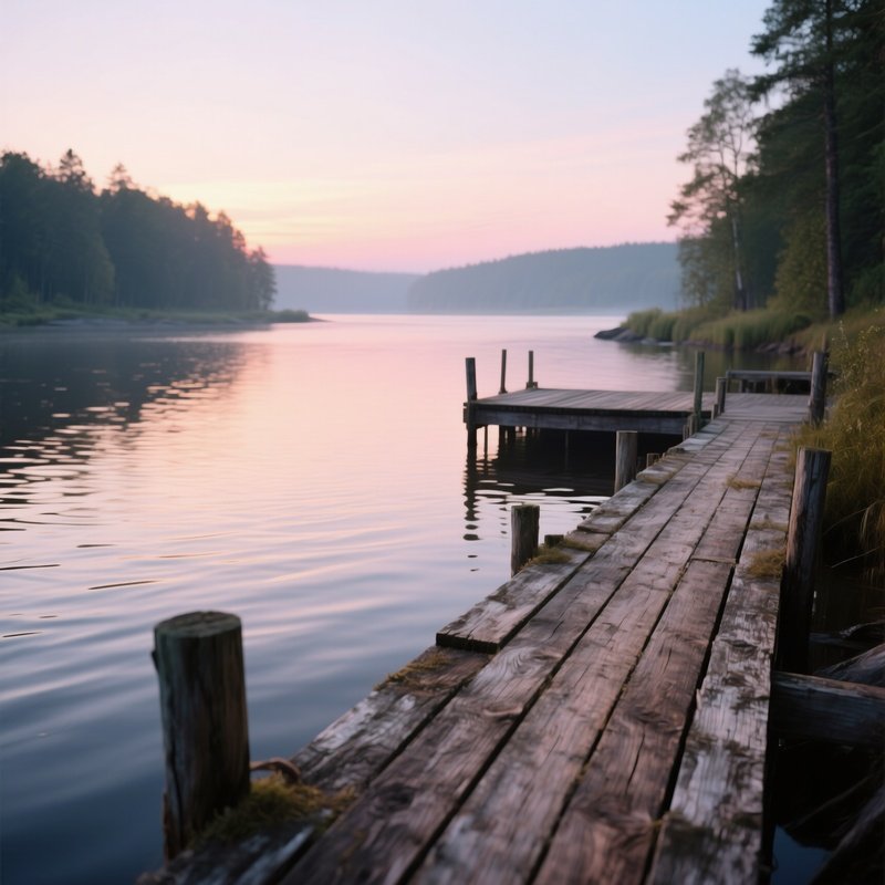 A Quiet Riverside Dock Built From Aged Pine Planks, Water Gently Rippling Against The Wood,
