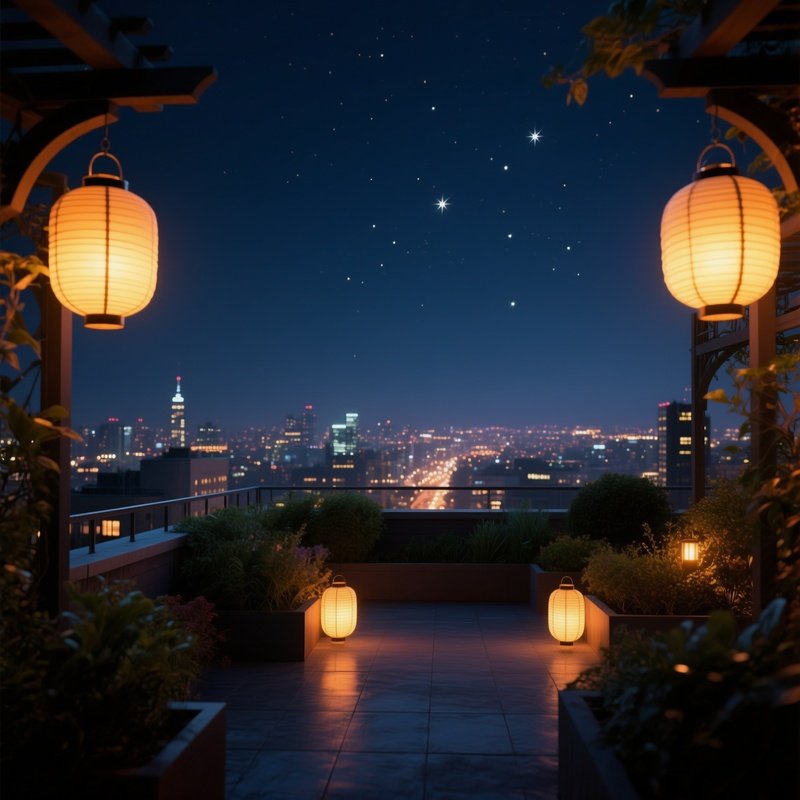 A Quiet Rooftop Garden At Night, Lanterns Hanging From Pergolas Bathing The Space In Gentle Amber,