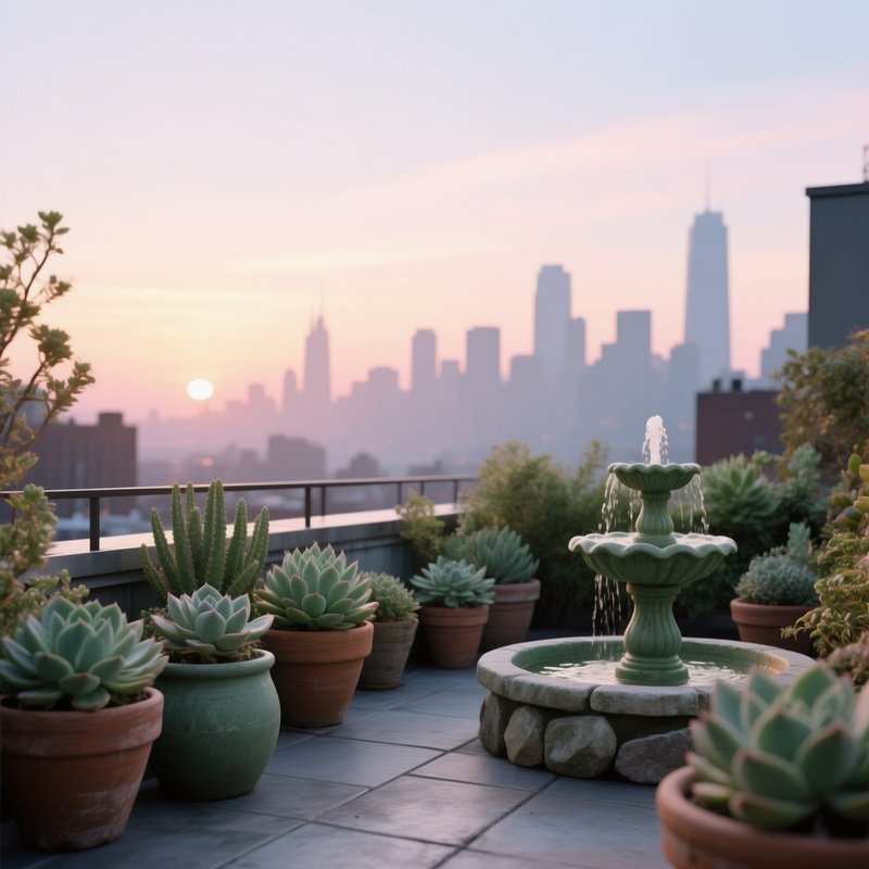 A Quiet Rooftop Garden At Sunrise, Potted Succulents And A Small Fountain Made Of Muted Green And