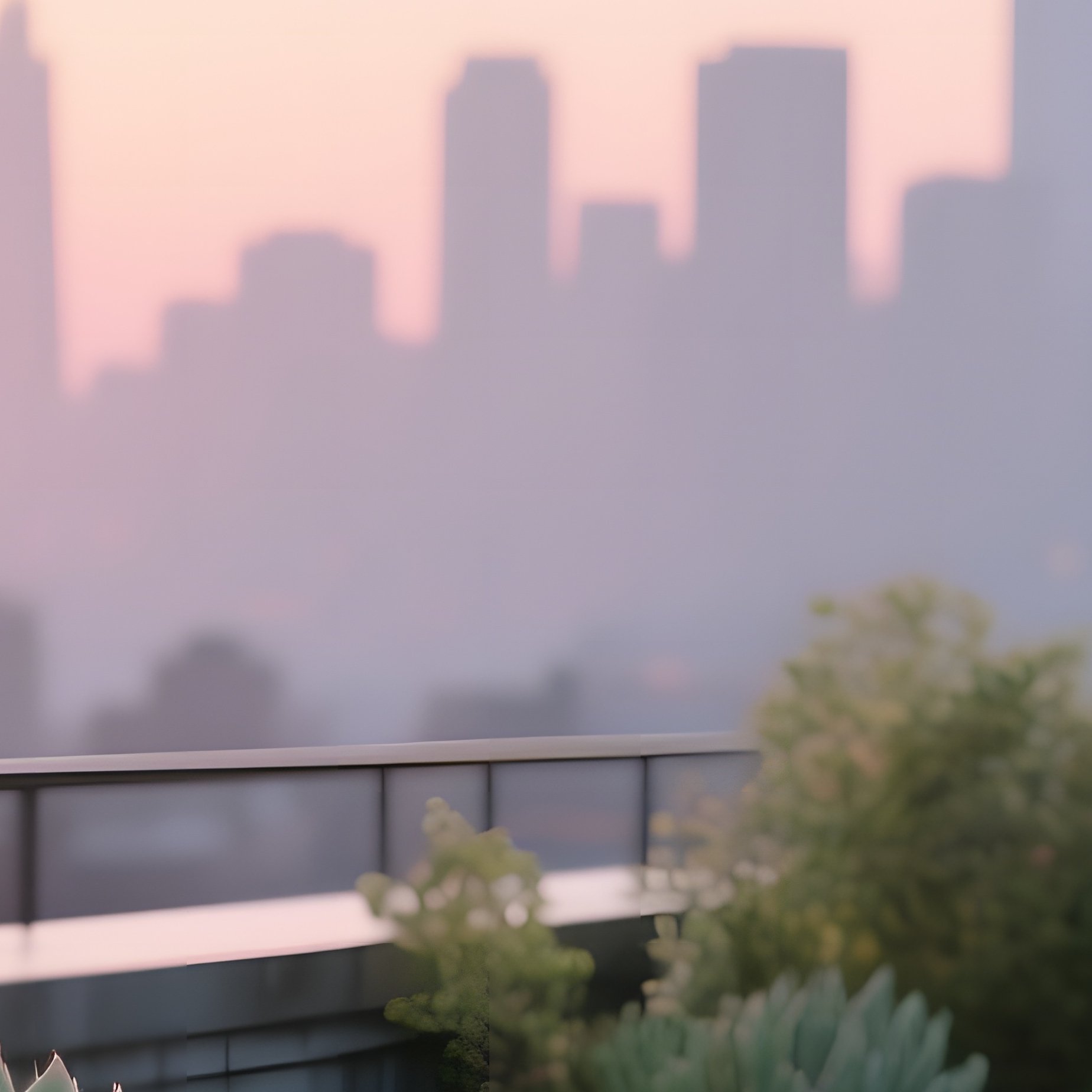A Quiet Rooftop Garden At Sunrise, Potted Succulents And A Small Fountain Made Of Muted Green And - Full Resolution Quality Preview