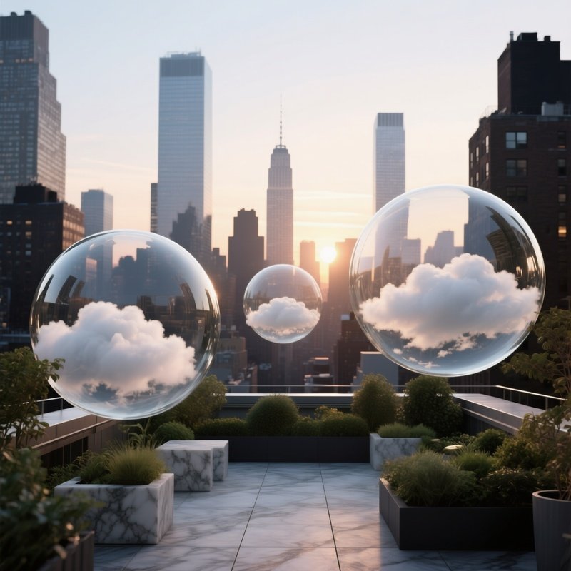 A Quiet Rooftop Garden In New York At Sunrise, Skyscraper Silhouettes Framed By Giant Glass Orbs