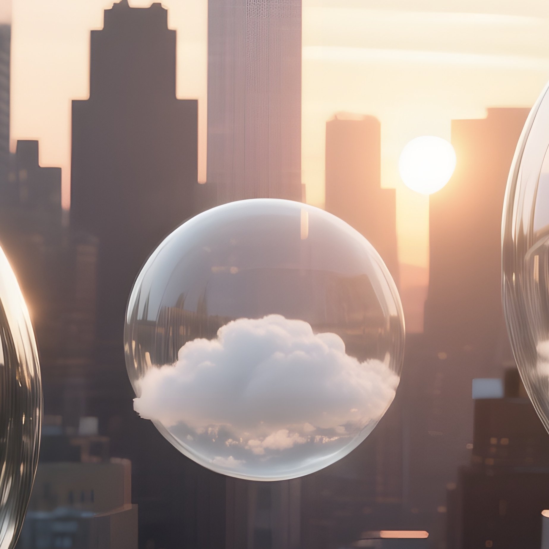 A Quiet Rooftop Garden In New York At Sunrise, Skyscraper Silhouettes Framed By Giant Glass Orbs - Full Resolution Quality Preview