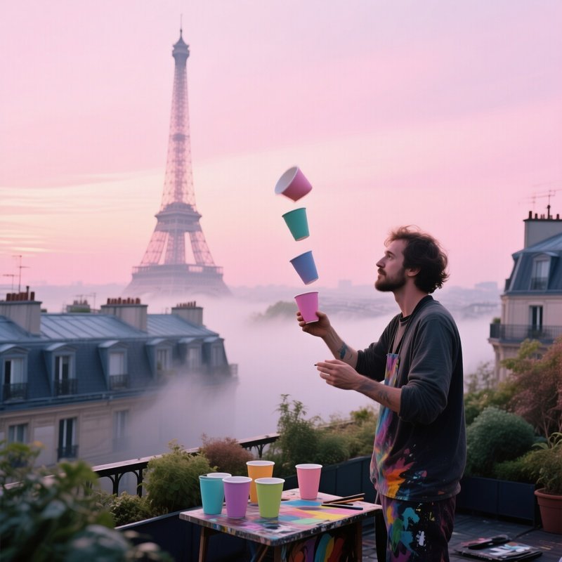 A Quiet Rooftop Garden In Paris At Dawn, Mist Rising Over Rooftops As A Street Artist Quietly