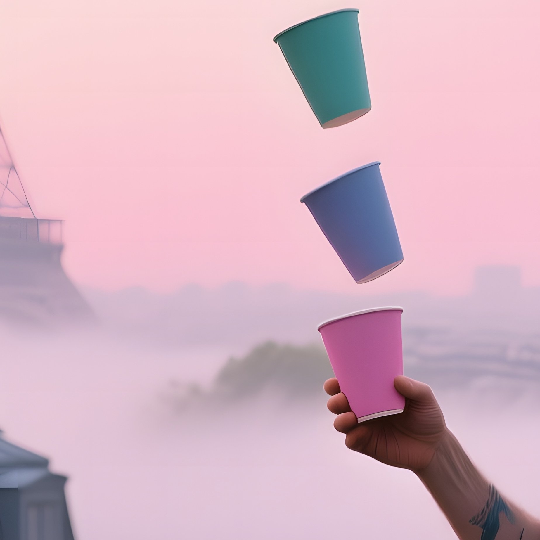A Quiet Rooftop Garden In Paris At Dawn, Mist Rising Over Rooftops As A Street Artist Quietly - Full Resolution Quality Preview